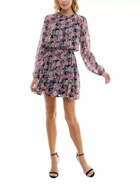 Trixxi Pink Floral Chiffon Mini Dress on Black EUC